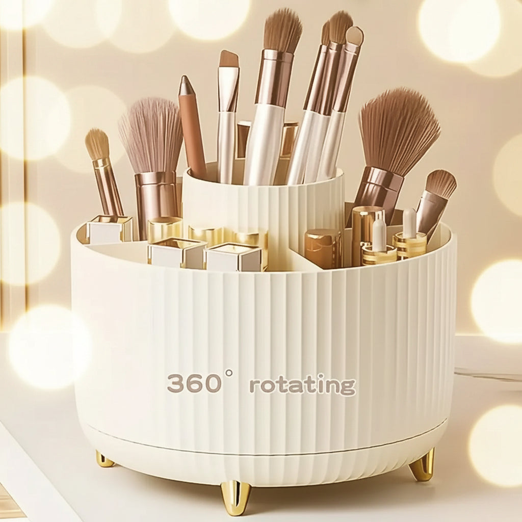 Rotating makeup brush holder with various brushes on a light background