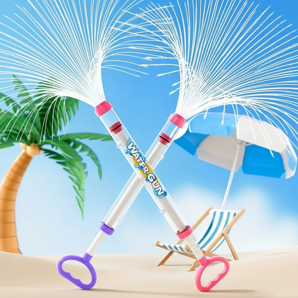 Two water guns with a beach background featuring palm trees and an umbrella.