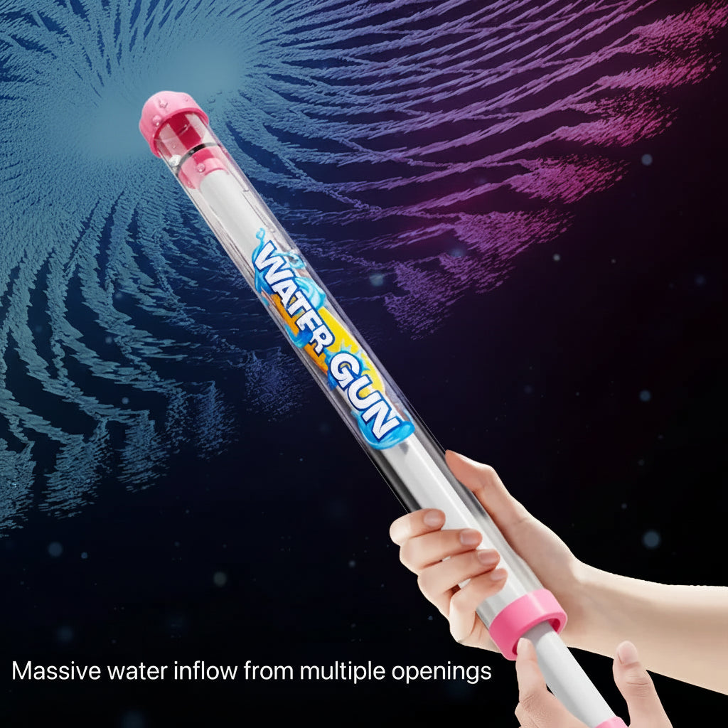 Water gun with pink nozzle held by hands against a colorful water splash background